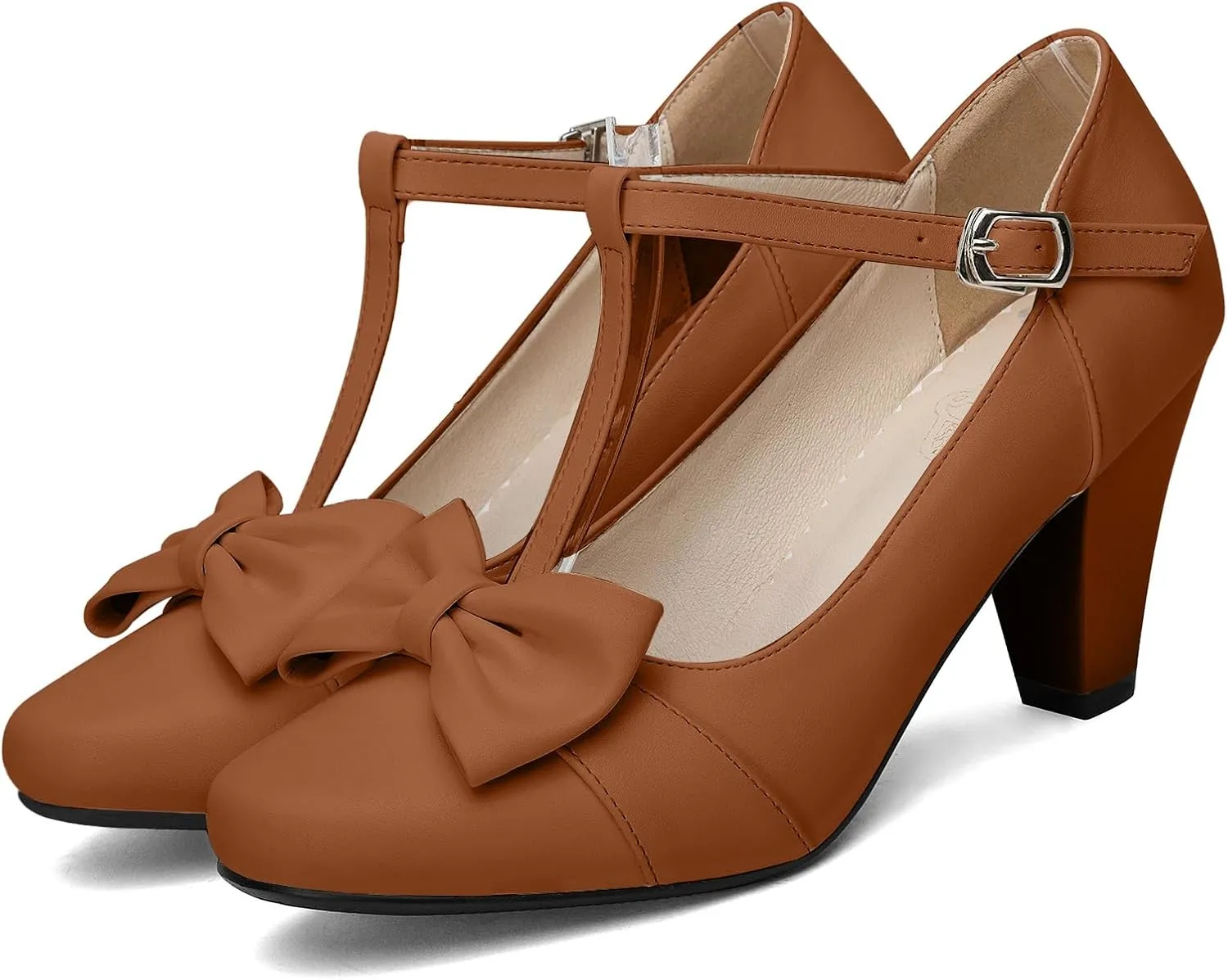 Women Bow Vintage Shoes Block Black High Heels Mary Janes Closed Toe T-Strap Pumps Comfort Rockabilly Shoes