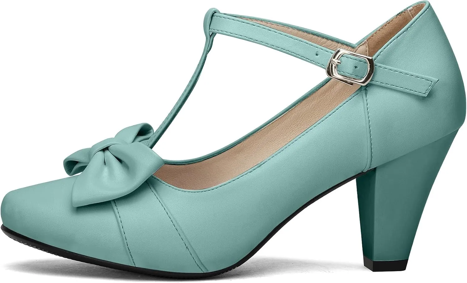 Women Bow Vintage Shoes Block Black High Heels Mary Janes Closed Toe T-Strap Pumps Comfort Rockabilly Shoes