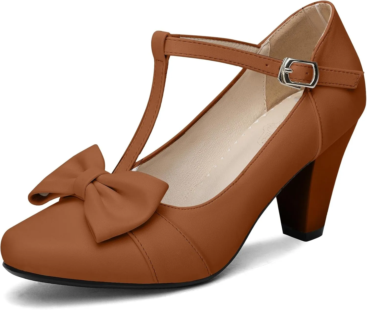 Women Bow Vintage Shoes Block Black High Heels Mary Janes Closed Toe T-Strap Pumps Comfort Rockabilly Shoes