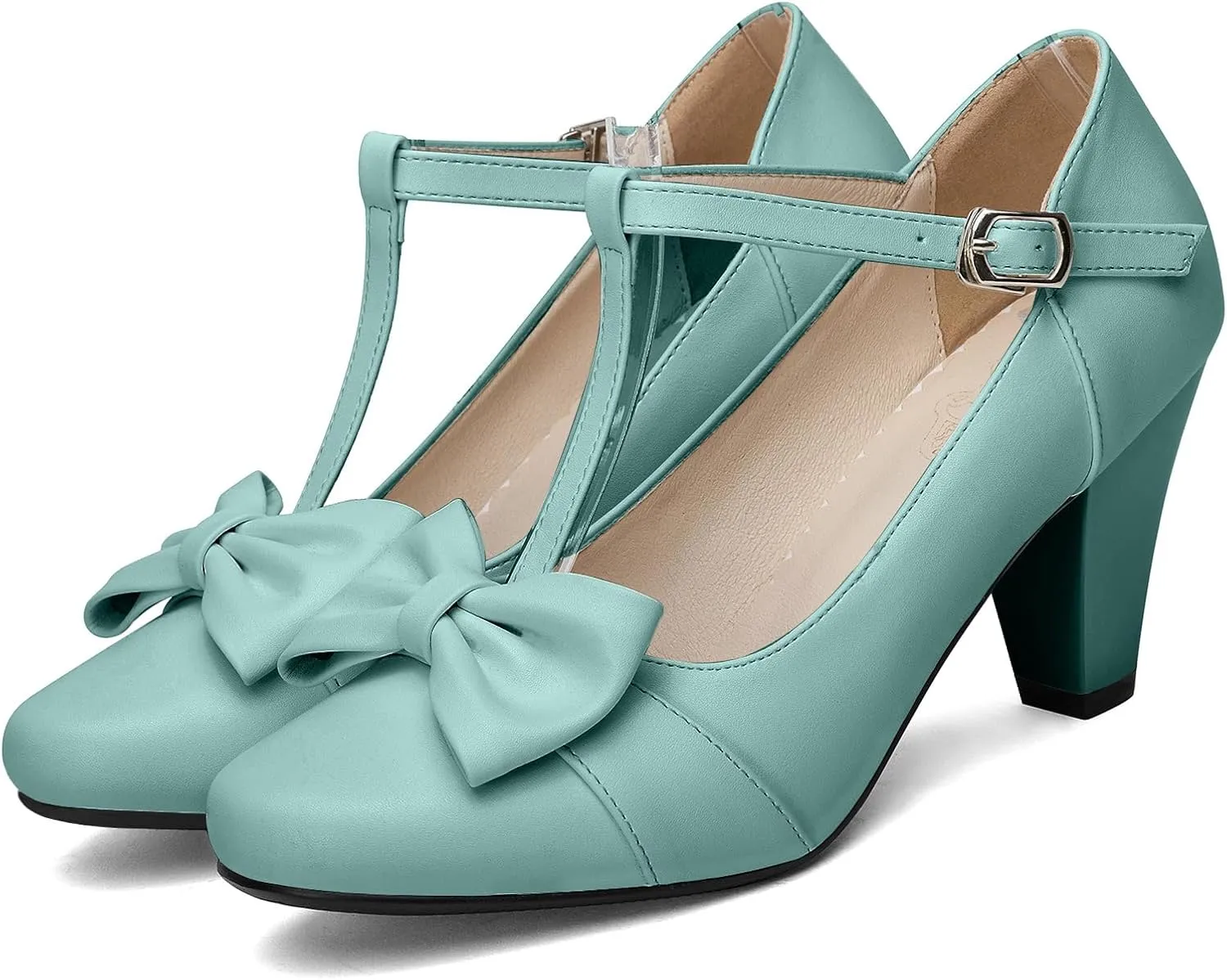 Women Bow Vintage Shoes Block Black High Heels Mary Janes Closed Toe T-Strap Pumps Comfort Rockabilly Shoes