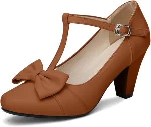 Women Bow Vintage Shoes Block Black High Heels Mary Janes Closed Toe T-Strap Pumps Comfort Rockabilly Shoes