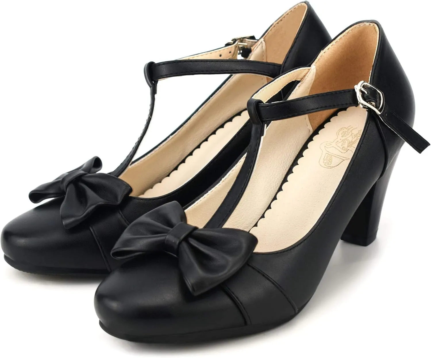 Women Bow Vintage Shoes Block Black High Heels Mary Janes Closed Toe T-Strap Pumps Comfort Rockabilly Shoes