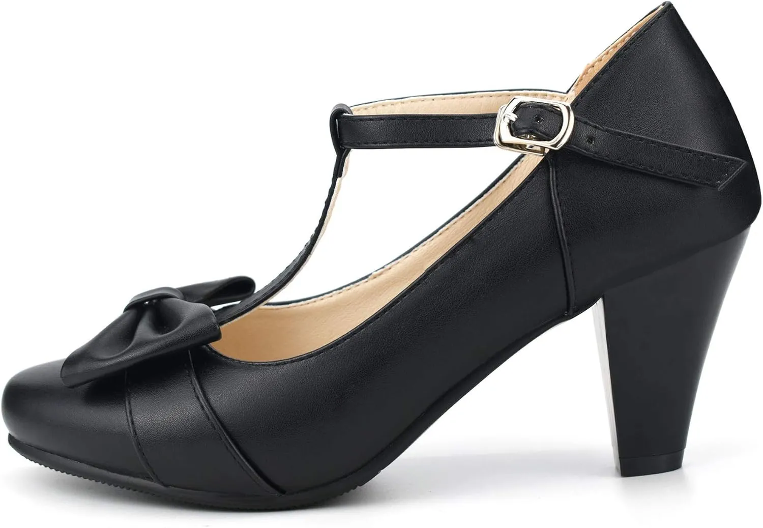 Women Bow Vintage Shoes Block Black High Heels Mary Janes Closed Toe T-Strap Pumps Comfort Rockabilly Shoes