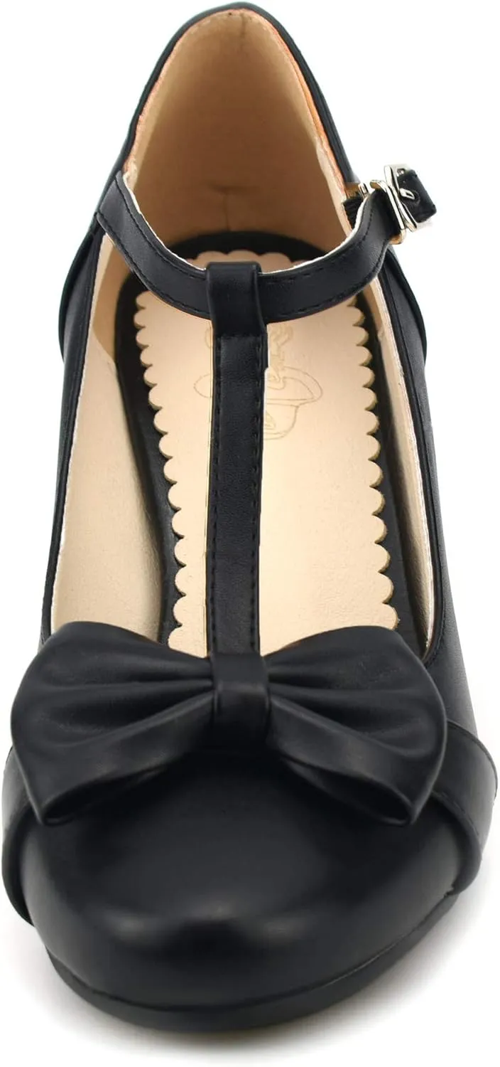 Women Bow Vintage Shoes Block Black High Heels Mary Janes Closed Toe T-Strap Pumps Comfort Rockabilly Shoes