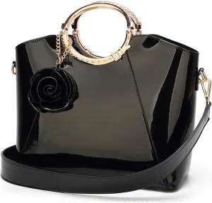 Women Handbag Purse Patent Leather Top-handle Bag Elegant Clutch Evening Bag Flower Pendant Shoulder Bag