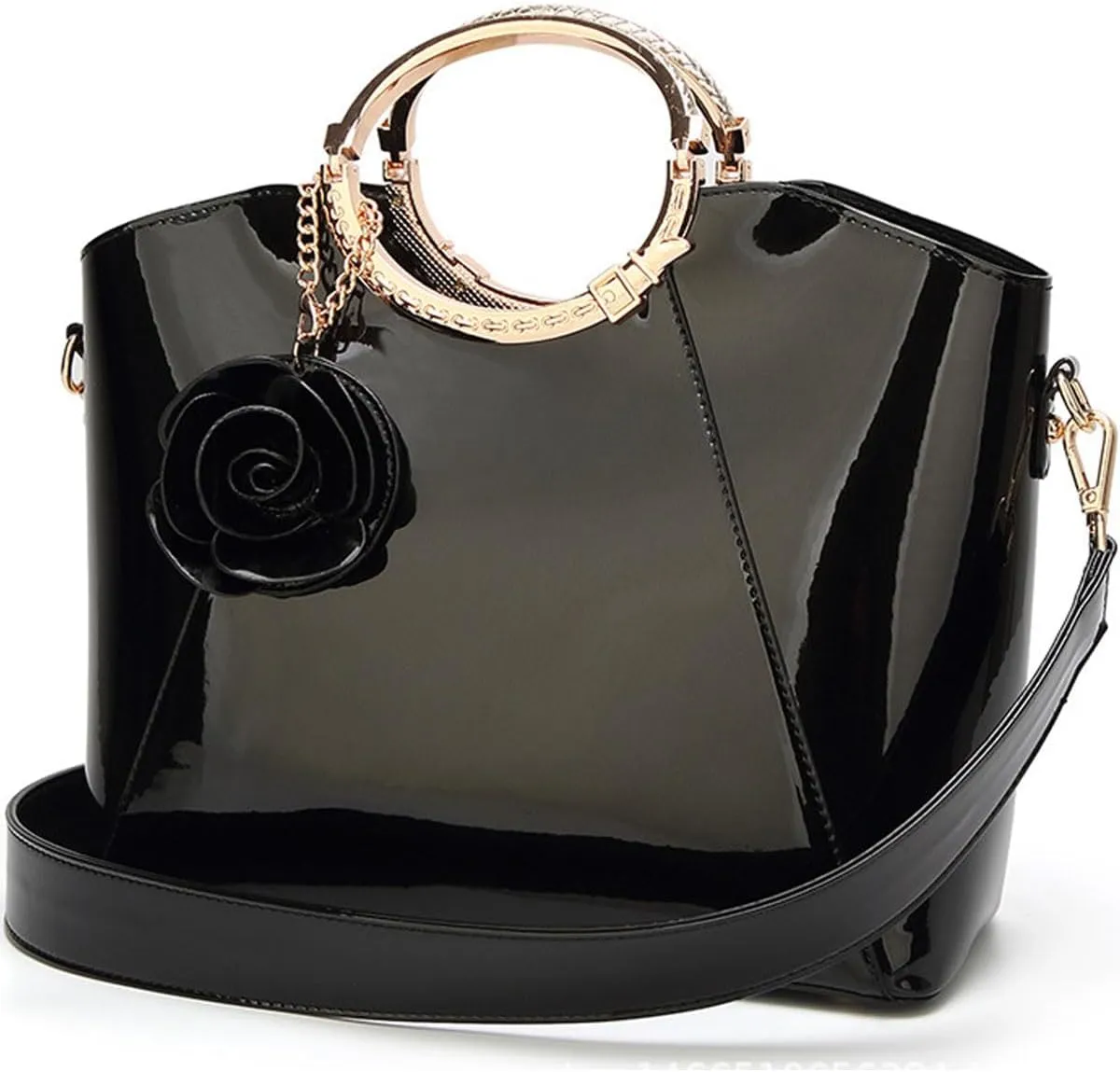 Women Handbag Purse Patent Leather Top-handle Bag Elegant Clutch Evening Bag Flower Pendant Shoulder Bag