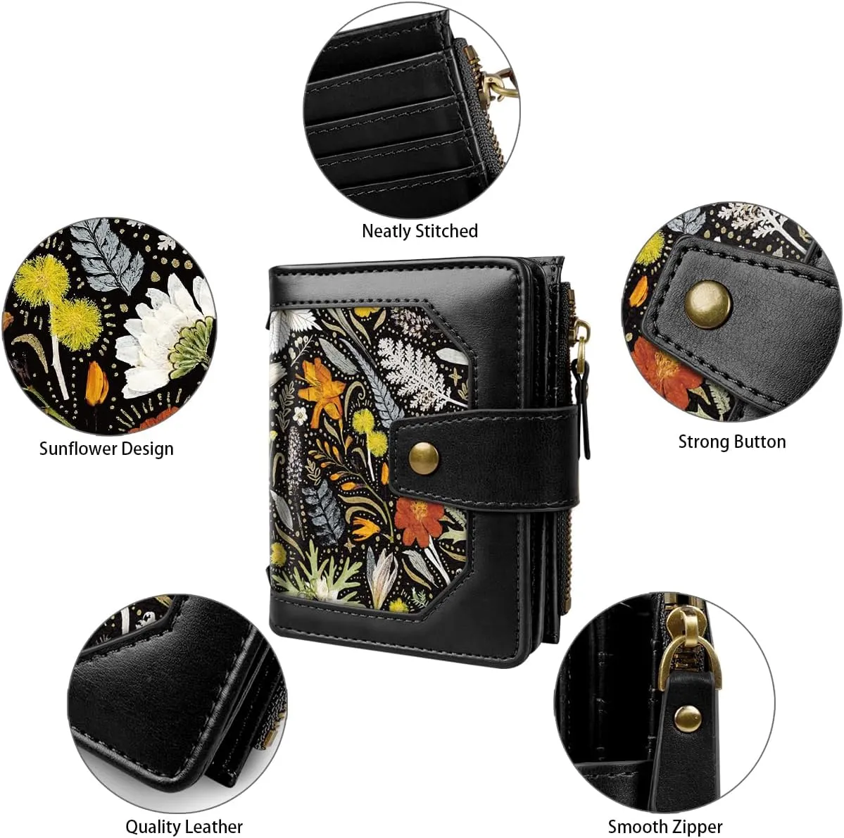 Women Leather Wallet RFID Blocking Small Bifold Zipper Pocket Wallet Card Case Purse with ID Window, Dried Flowers