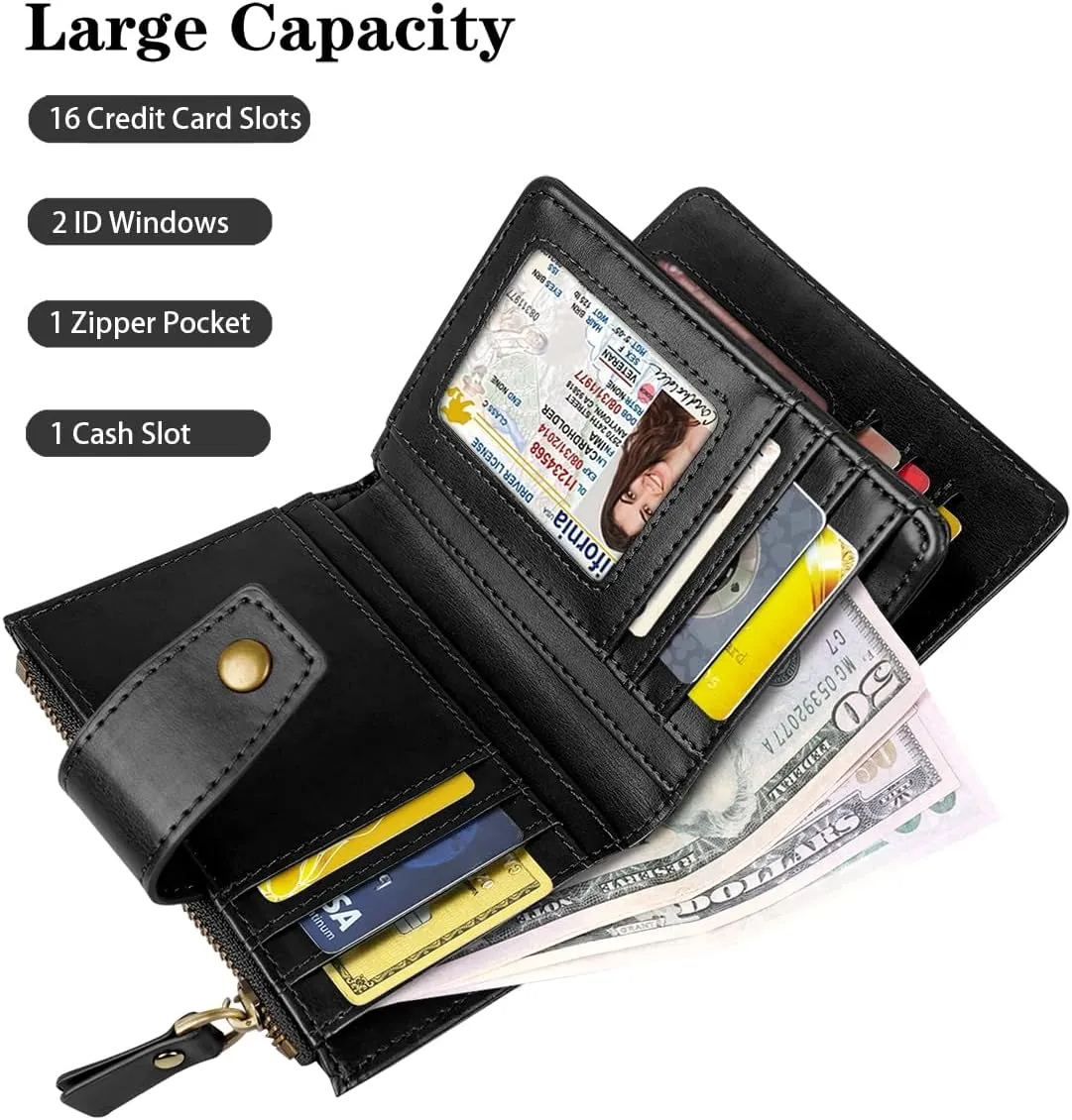 Women Leather Wallet RFID Blocking Small Bifold Zipper Pocket Wallet Card Case Purse with ID Window, Dried Flowers