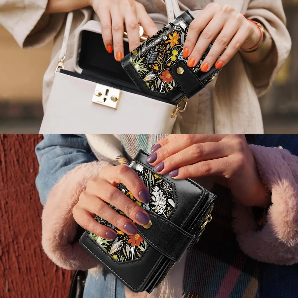 Women Leather Wallet RFID Blocking Small Bifold Zipper Pocket Wallet Card Case Purse with ID Window, Dried Flowers