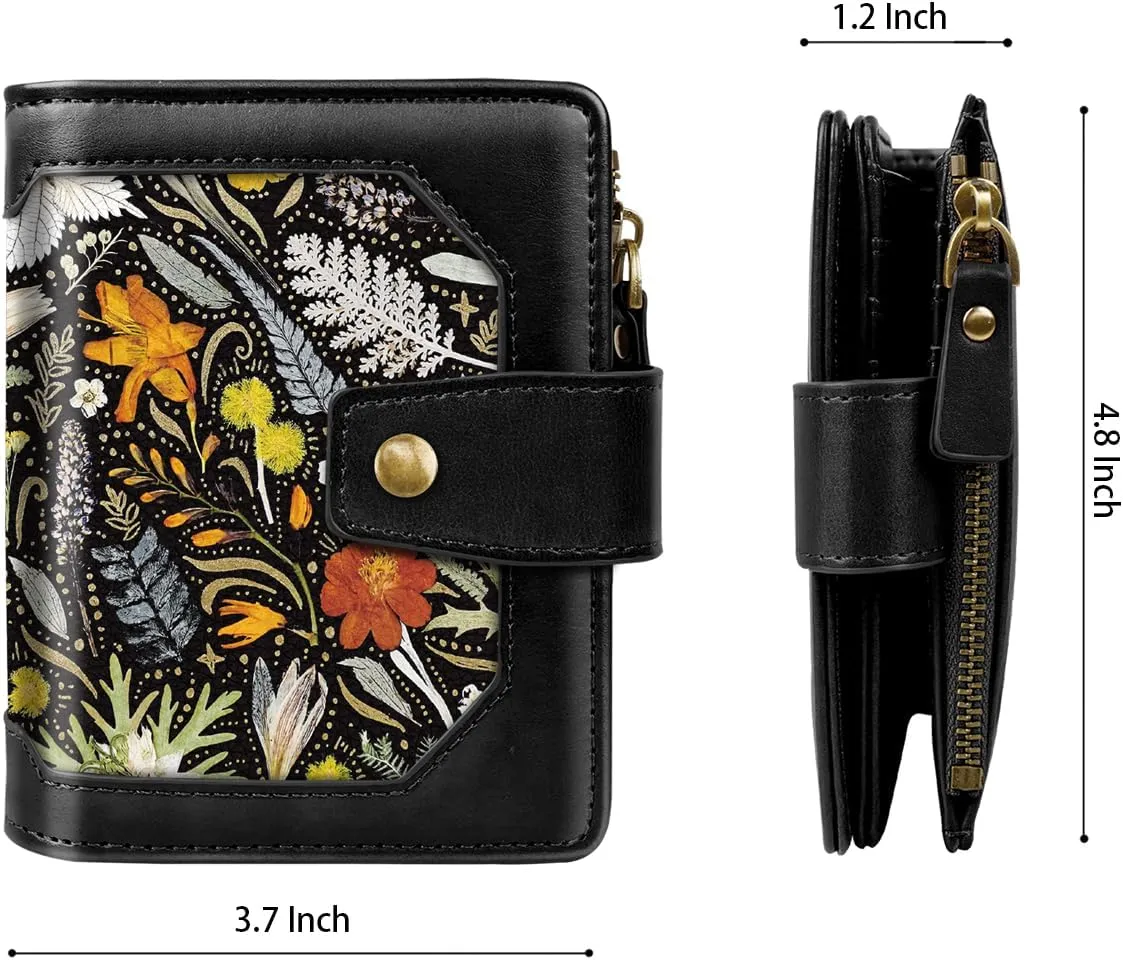 Women Leather Wallet RFID Blocking Small Bifold Zipper Pocket Wallet Card Case Purse with ID Window, Dried Flowers