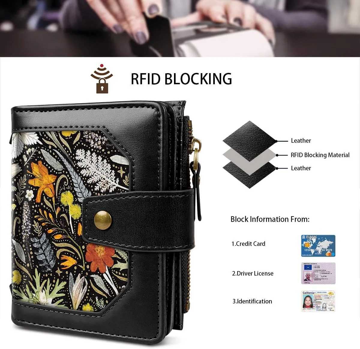 Women Leather Wallet RFID Blocking Small Bifold Zipper Pocket Wallet Card Case Purse with ID Window, Dried Flowers