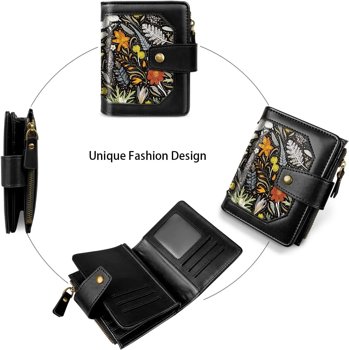Women Leather Wallet RFID Blocking Small Bifold Zipper Pocket Wallet Card Case Purse with ID Window, Dried Flowers