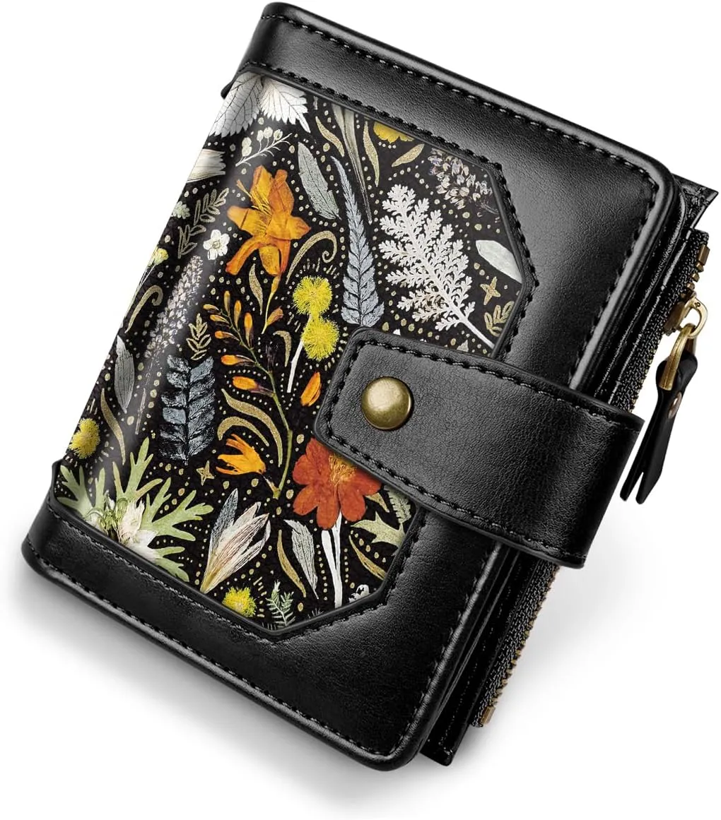 Women Leather Wallet RFID Blocking Small Bifold Zipper Pocket Wallet Card Case Purse with ID Window, Dried Flowers