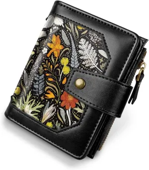 Women Leather Wallet RFID Blocking Small Bifold Zipper Pocket Wallet Card Case Purse with ID Window, Dried Flowers
