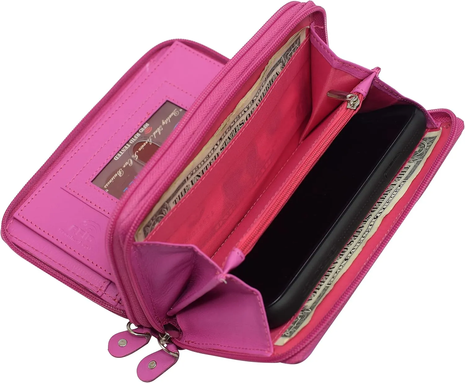 Women RFID Blocking Wallet Leather Zip Around Phone Clutch Large Travel Purse (Hot Pink)