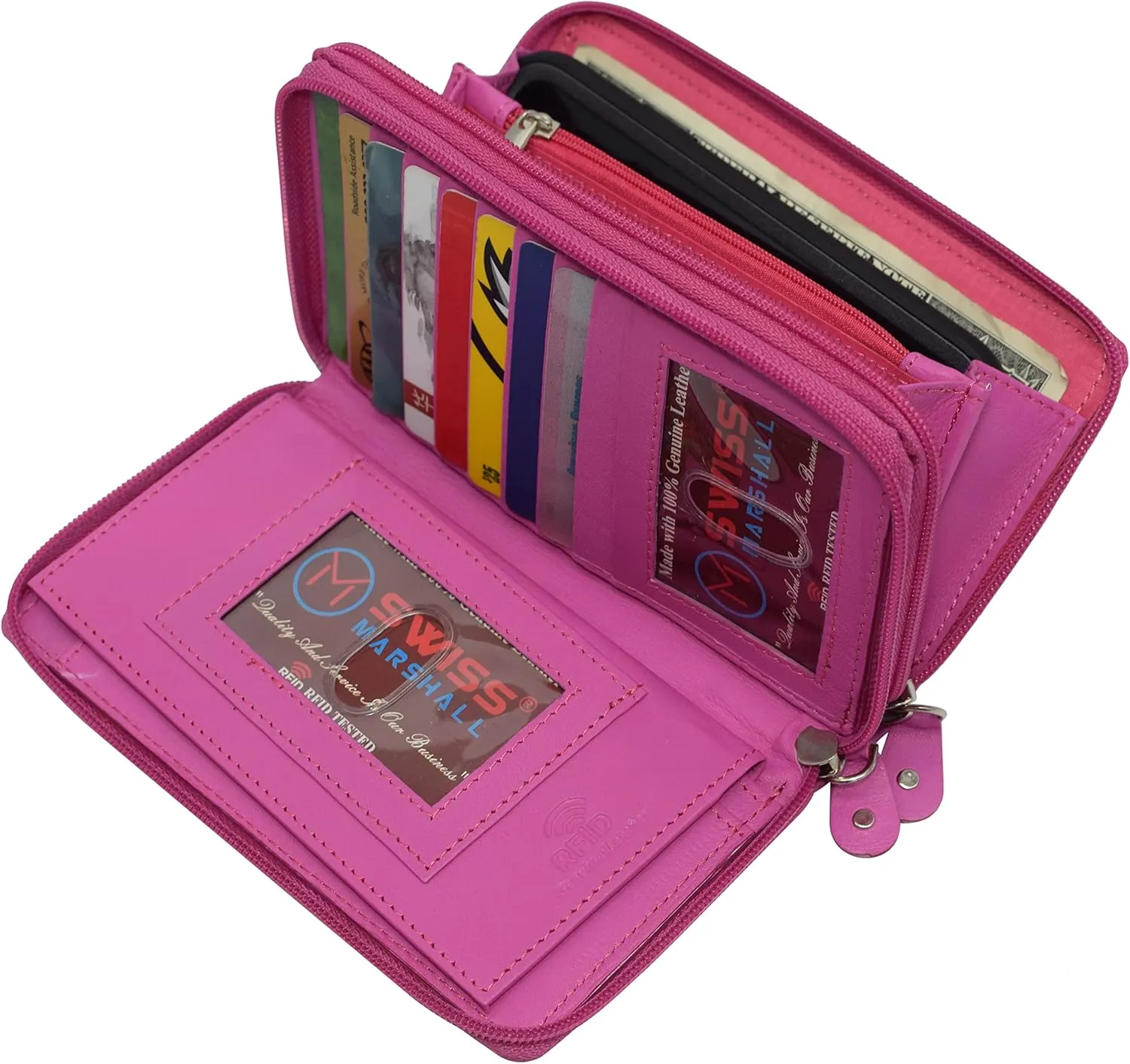 Women RFID Blocking Wallet Leather Zip Around Phone Clutch Large Travel Purse (Hot Pink)