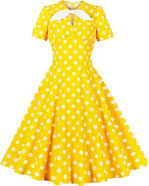 Women Short Sleeve 1950s Retro Vintage Cocktail Party Swing Dress Keyhole 50s Polka Dot Dress for Women Rockabilly Prom Dress