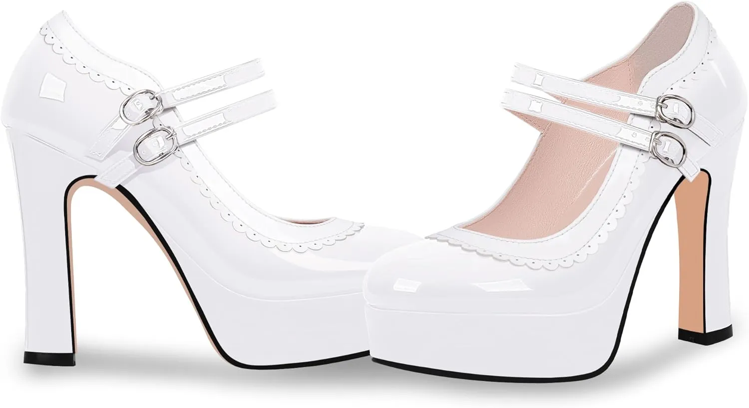 Women's Ankle Strap Plafrom Mary Janes Pumps Block High Heels Double Buckle Patent Leather Dress Shoes