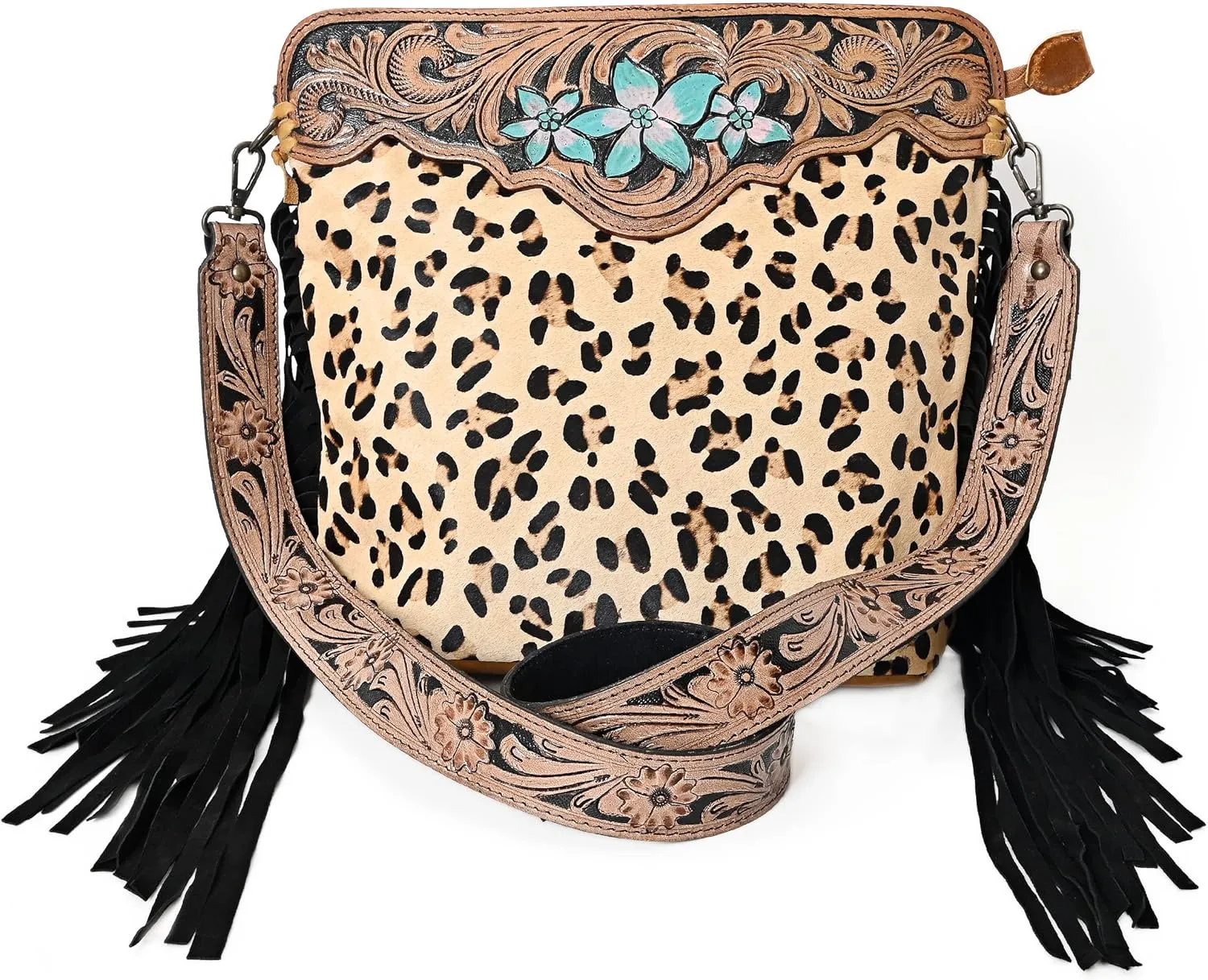 Women’s Cowhide Hairon Leather Crossbody Shoulder Bag with Strap Messenger Style Western Fringe Leather Sling Bag