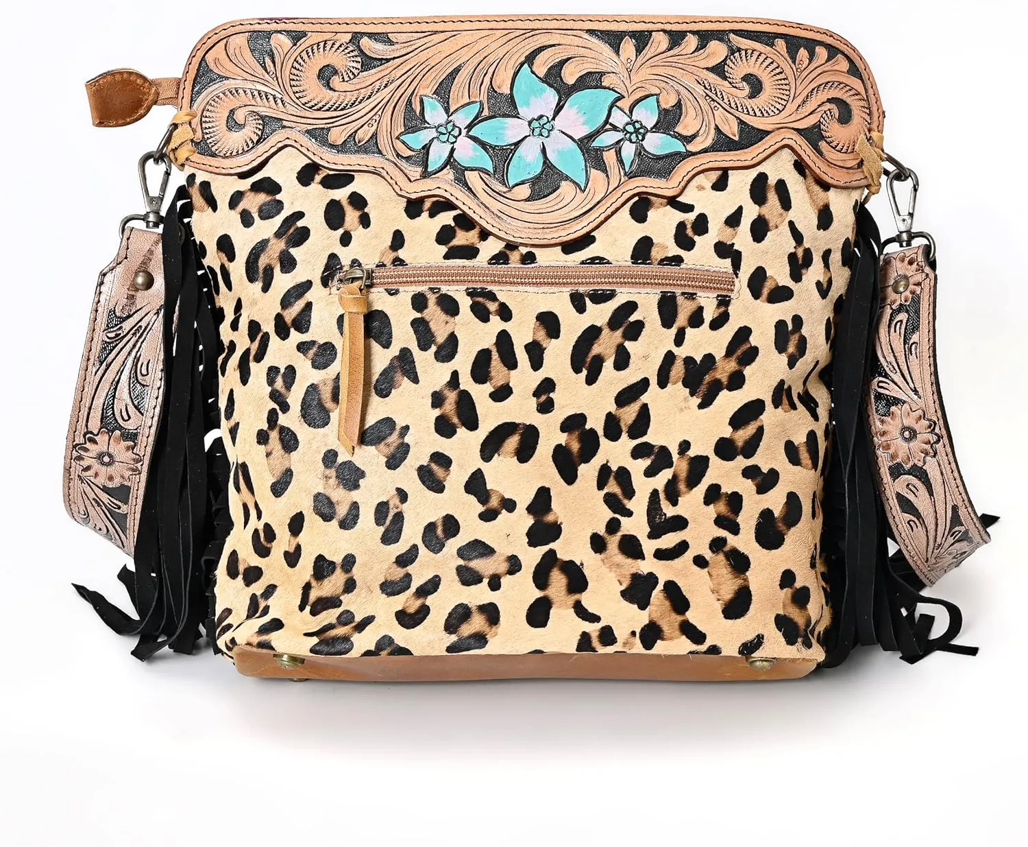 Women’s Cowhide Hairon Leather Crossbody Shoulder Bag with Strap Messenger Style Western Fringe Leather Sling Bag
