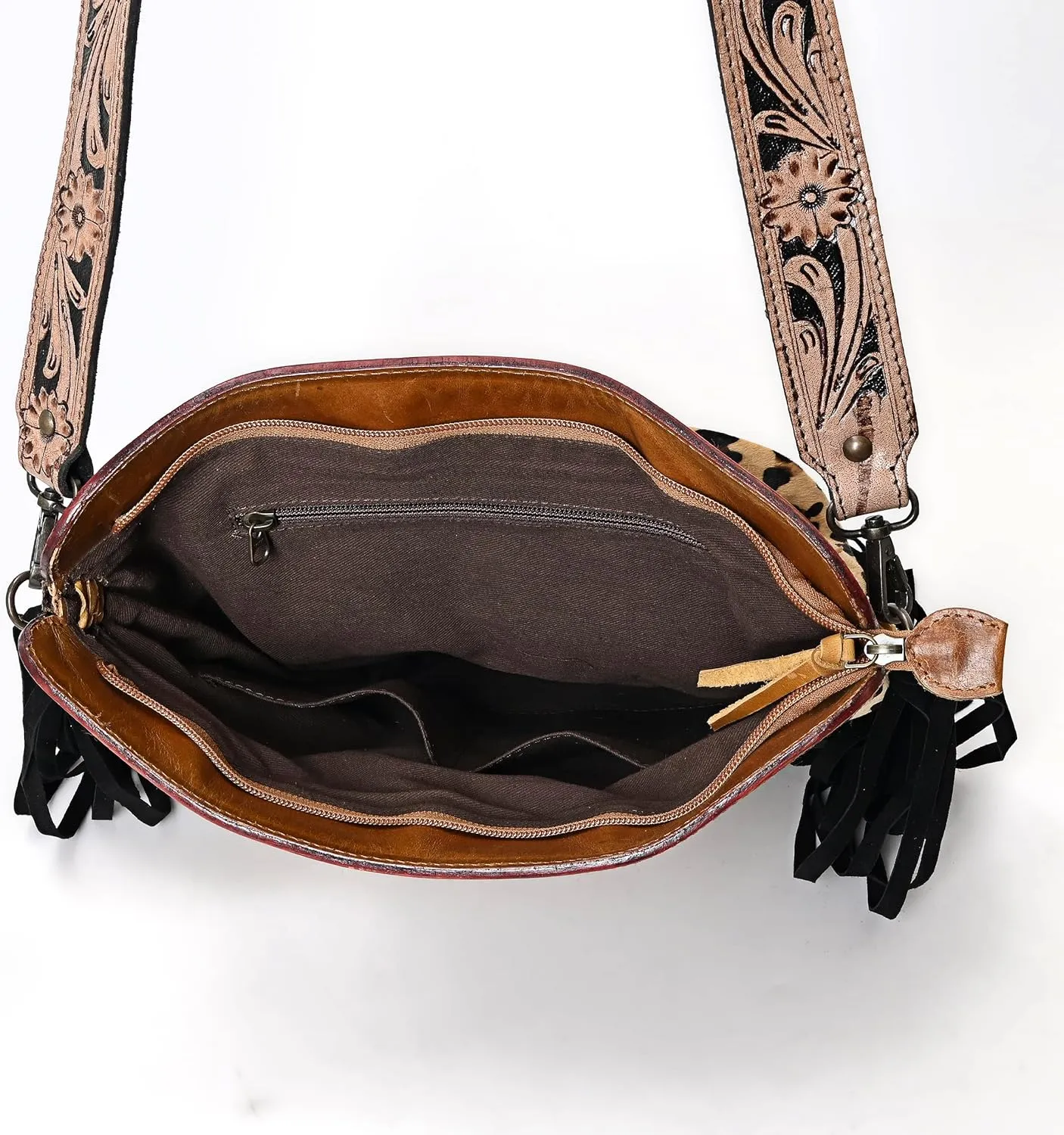 Women’s Cowhide Hairon Leather Crossbody Shoulder Bag with Strap Messenger Style Western Fringe Leather Sling Bag