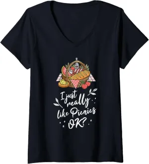 Womens I Just Really Like Picnics Family Lake Trip Summer Camping V-Neck T-Shirt