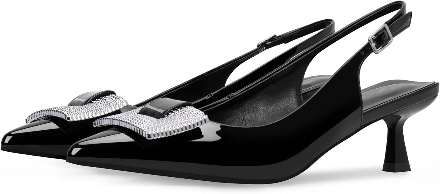 Women's Kitten Heel Slingback Closed Pointed Toe Pumps Patent Leather Party Dress Shoes