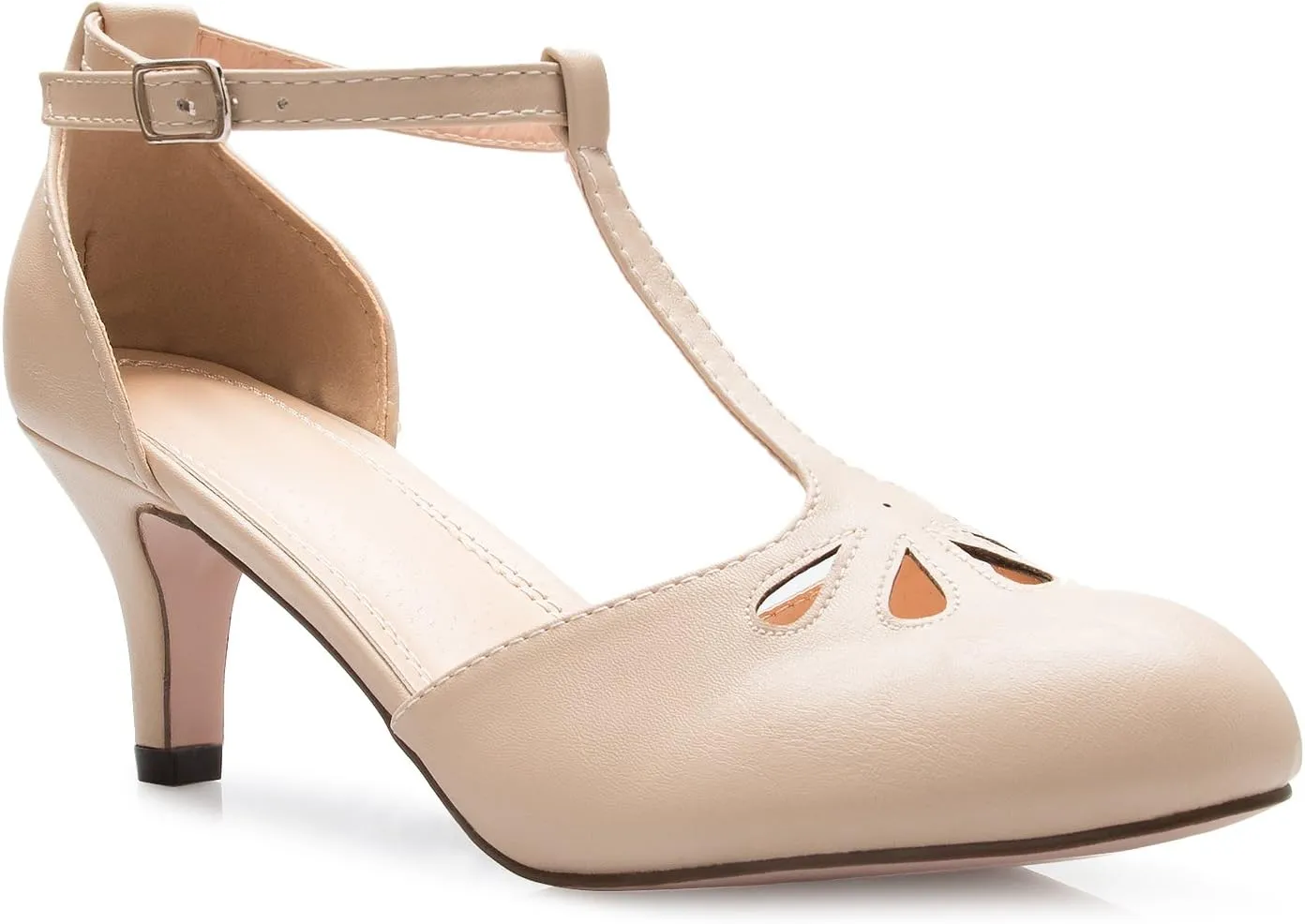 Women's Kitten Low Heels T-Strap Pumps - Adorable Vintage Retro Shoes with T Strap - Unique Upper Cut Out Design