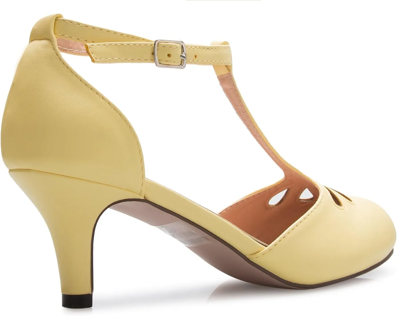 Women's Kitten Low Heels T-Strap Pumps - Adorable Vintage Retro Shoes with T Strap - Unique Upper Cut Out Design