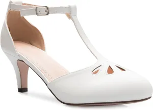 Women's Kitten Low Heels T-Strap Pumps - Adorable Vintage Retro Shoes with T Strap - Unique Upper Cut Out Design