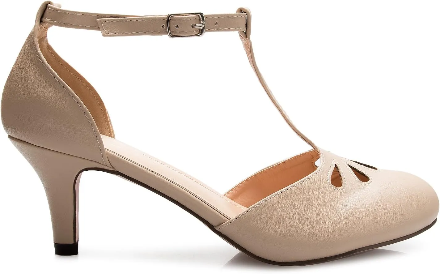 Women's Kitten Low Heels T-Strap Pumps - Adorable Vintage Retro Shoes with T Strap - Unique Upper Cut Out Design