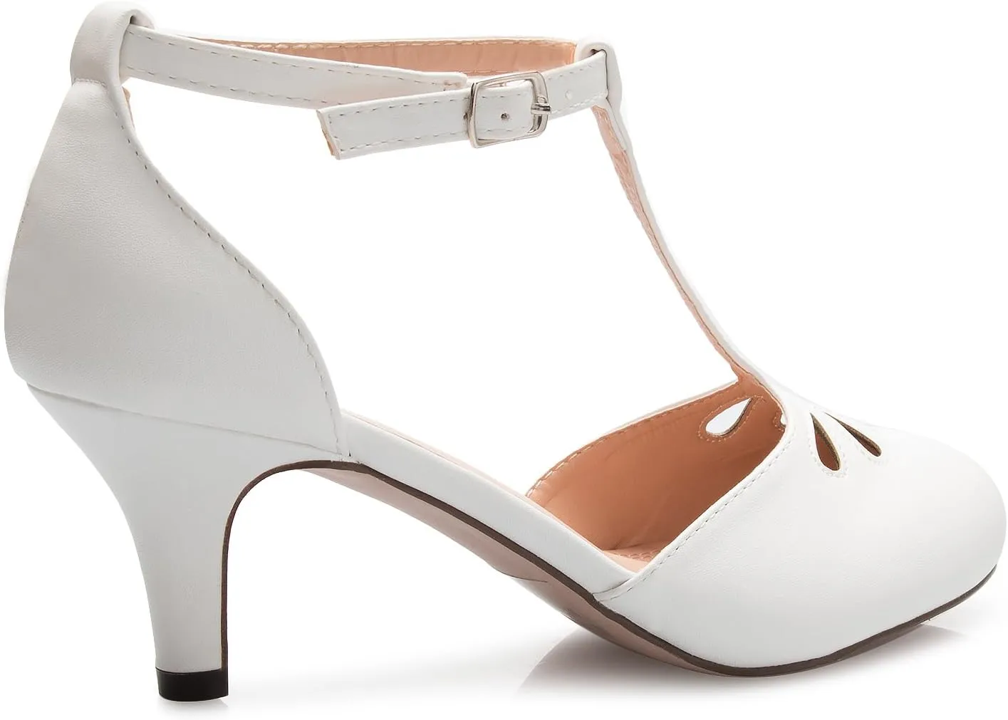 Women's Kitten Low Heels T-Strap Pumps - Adorable Vintage Retro Shoes with T Strap - Unique Upper Cut Out Design