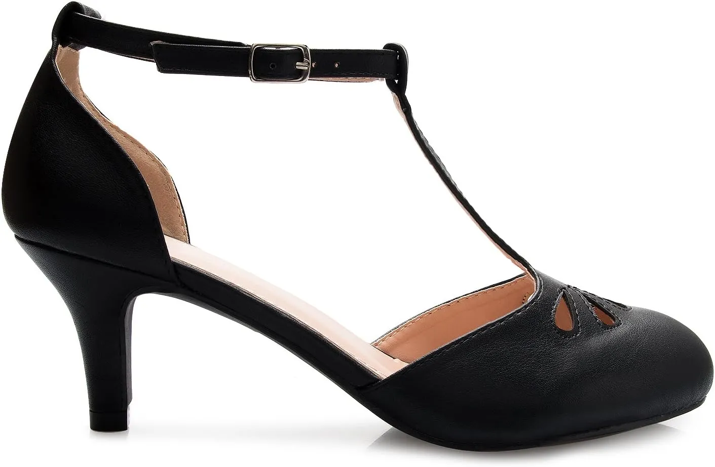 Women's Kitten Low Heels T-Strap Pumps - Adorable Vintage Retro Shoes with T Strap - Unique Upper Cut Out Design