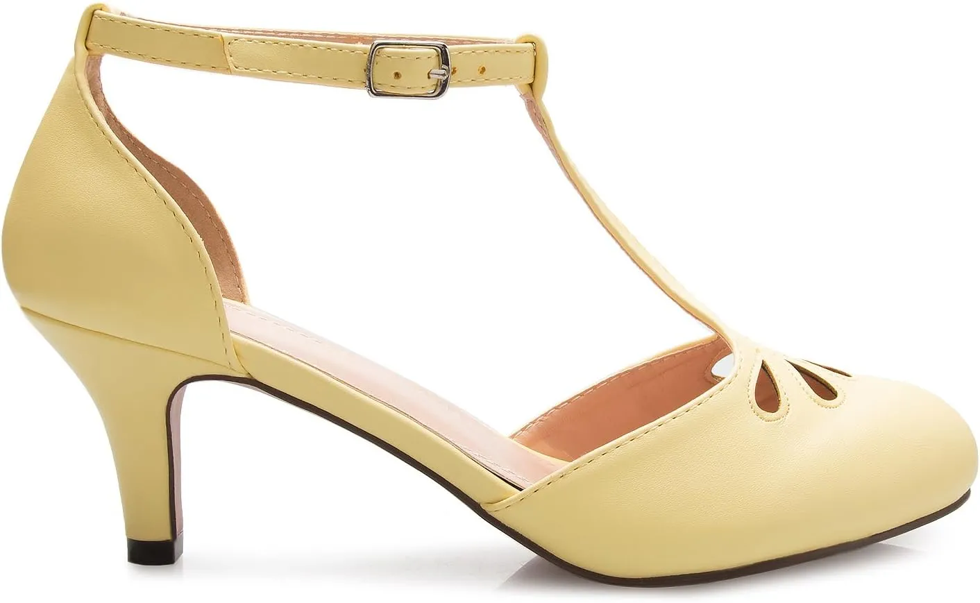 Women's Kitten Low Heels T-Strap Pumps - Adorable Vintage Retro Shoes with T Strap - Unique Upper Cut Out Design