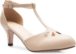 Women's Kitten Low Heels T-Strap Pumps - Adorable Vintage Retro Shoes with T Strap - Unique Upper Cut Out Design