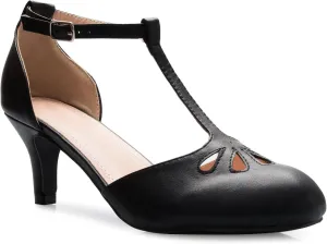 Women's Kitten Low Heels T-Strap Pumps - Adorable Vintage Retro Shoes with T Strap - Unique Upper Cut Out Design
