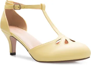 Women's Kitten Low Heels T-Strap Pumps - Adorable Vintage Retro Shoes with T Strap - Unique Upper Cut Out Design