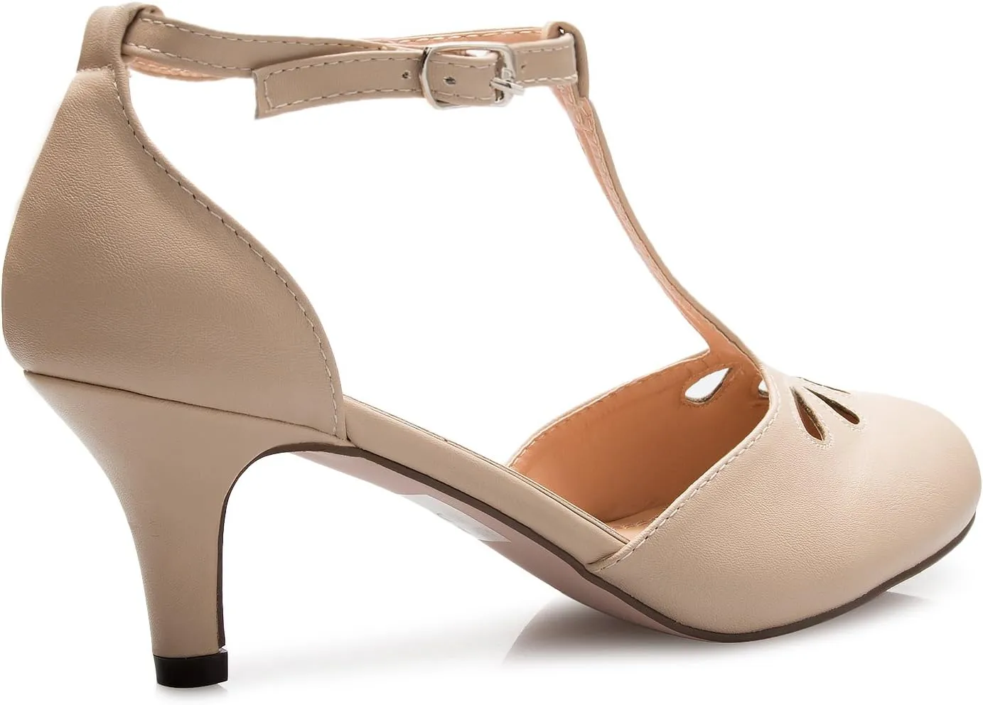 Women's Kitten Low Heels T-Strap Pumps - Adorable Vintage Retro Shoes with T Strap - Unique Upper Cut Out Design
