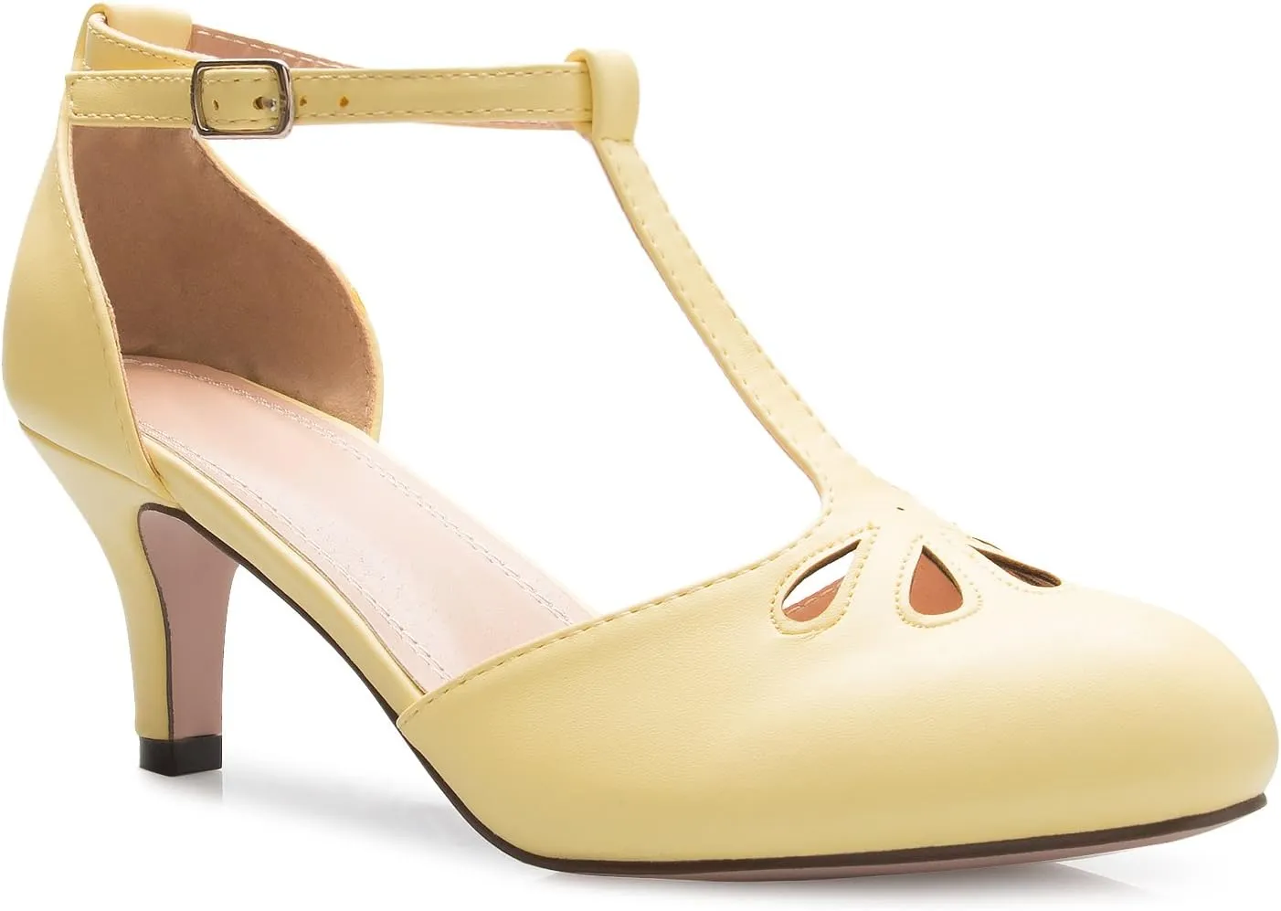 Women's Kitten Low Heels T-Strap Pumps - Adorable Vintage Retro Shoes with T Strap - Unique Upper Cut Out Design