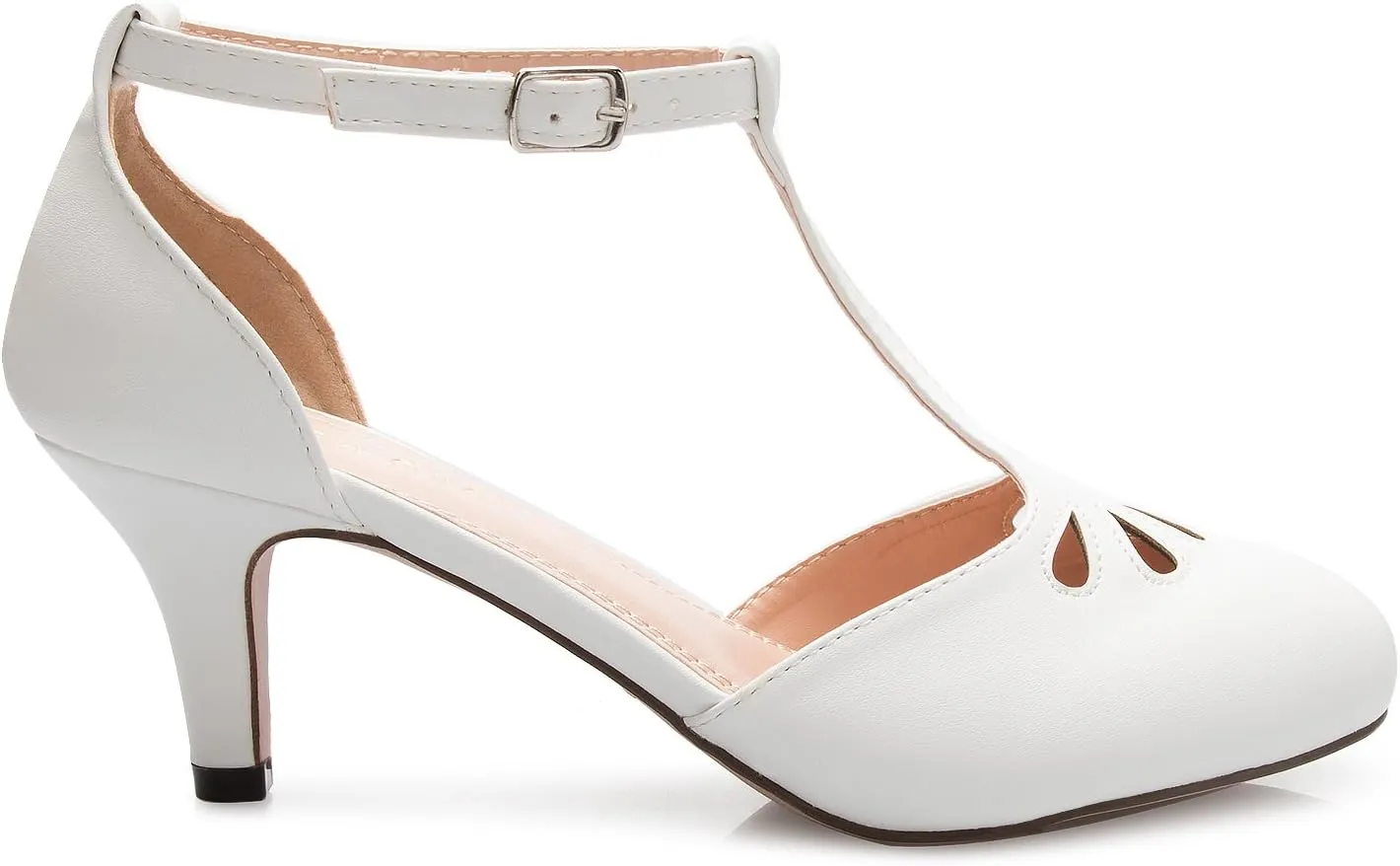 Women's Kitten Low Heels T-Strap Pumps - Adorable Vintage Retro Shoes with T Strap - Unique Upper Cut Out Design