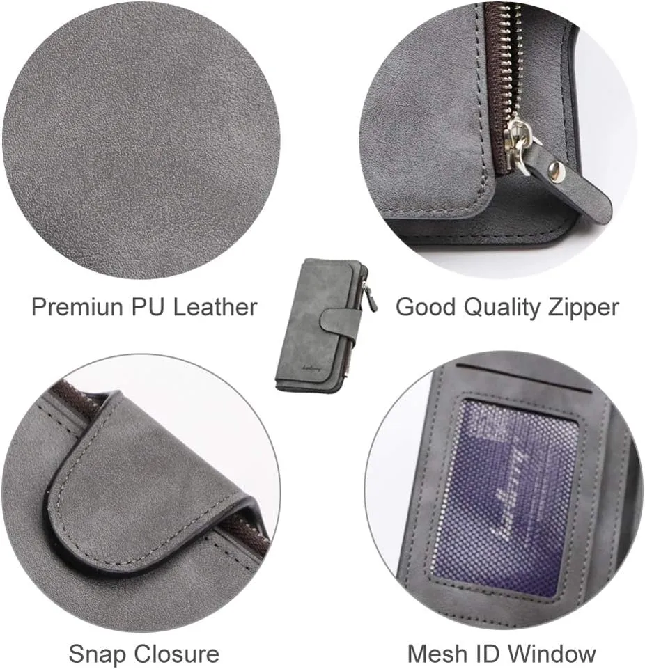 Women's Long Leather Wallet RFID Blocking Cash ID Credit Card Holder for Women Ladies Soft Clutch Wallet with Zipper Coin Pocket Fashion Purse (Dark Gray)