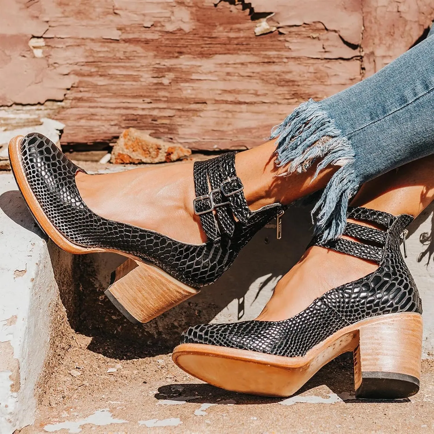 Women’s Mary Jane Pumps, Leather Ankle Strap Block Heels for Women Vintage Round Toe Chunky Pumps Adjustable Buckle Back Zipper Shoes