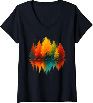 Womens Outdoor Wildlife Abstract Nature Reflection Forest Trees V-Neck T-Shirt