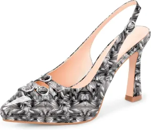 Women's Pointed Toe Slingback Platform High Heel Pumps Slip On 3.94 Inch Buckle Strap Adjustable Patent Leather US Size 6-12