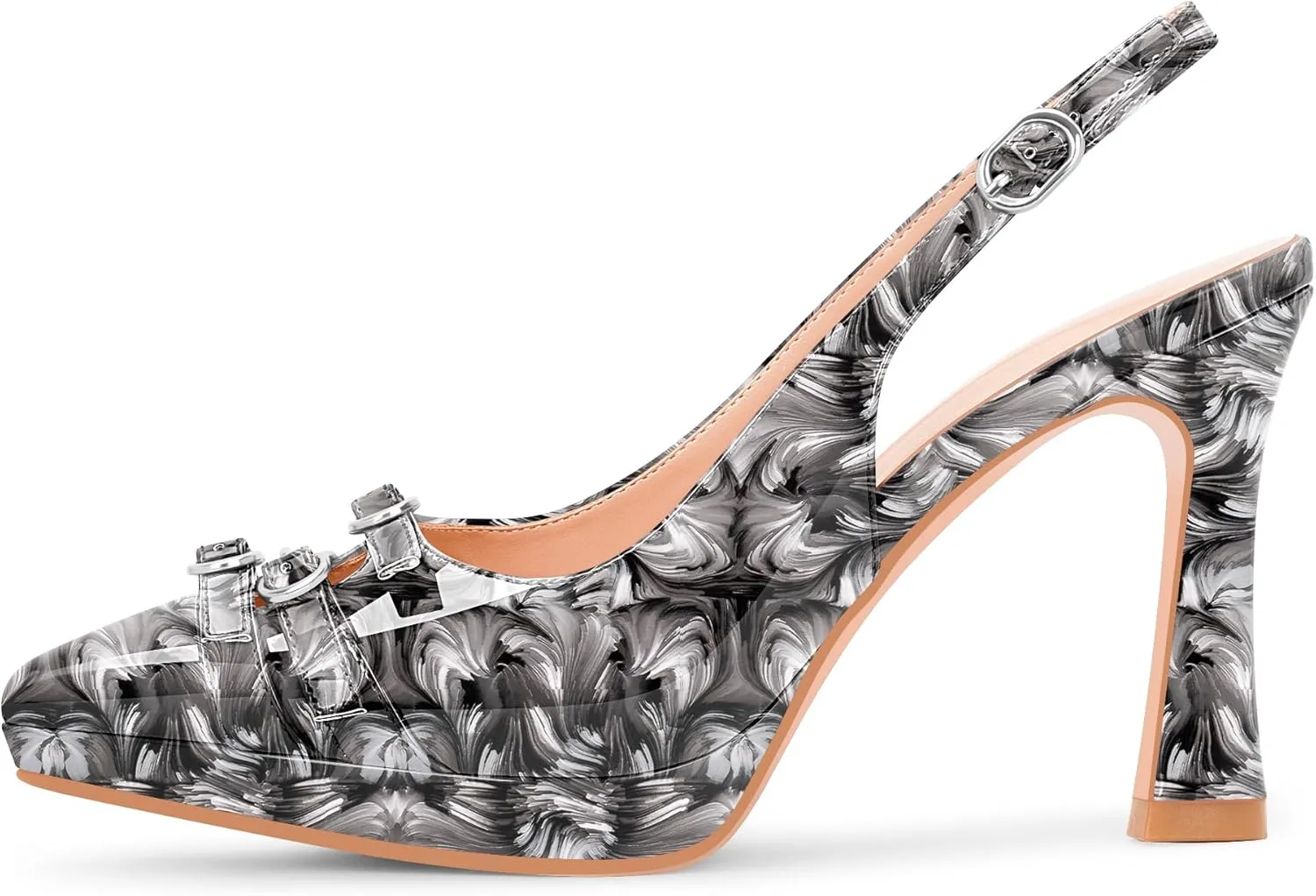 Women's Pointed Toe Slingback Platform High Heel Pumps Slip On 3.94 Inch Buckle Strap Adjustable Patent Leather US Size 6-12