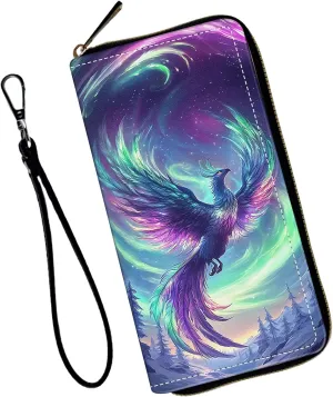 Women's Wallets,Wallet Wristlet for Women (Removable Wristlet) RFID Blocking Credit Card Holder Teen Girls PU Leather Phone Zip Around Men Wallet Clutch Travel Purse,Northern Lights Phoenix