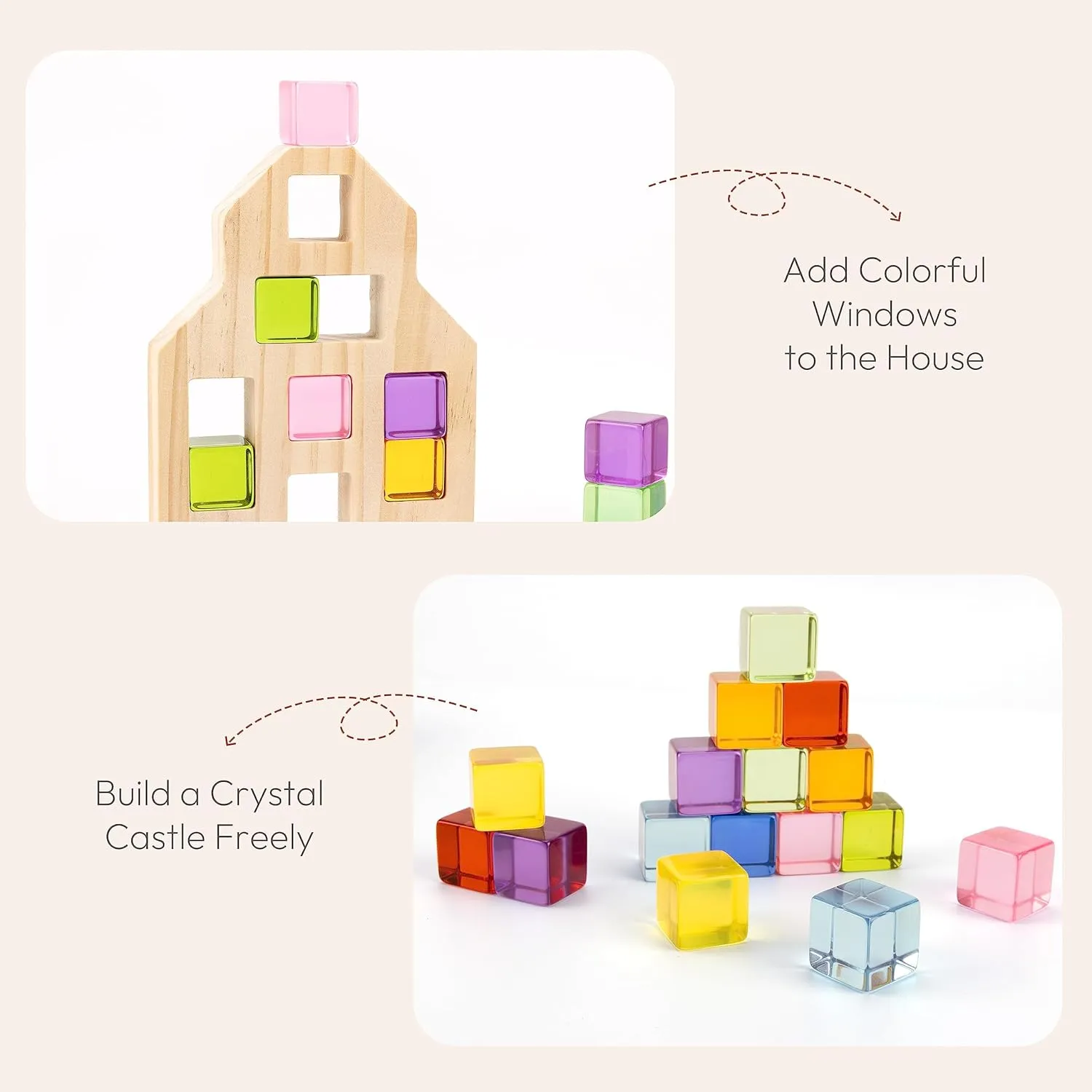 Wooden Building Blocks Set for Kids, 36 PCS Rainbow Acrylic Gem Cubes Blocks - 3 Wood House, Montessori Stacking Toy for Toddlers, Educational STEM Easter Toys for Boys Girls 3-6
