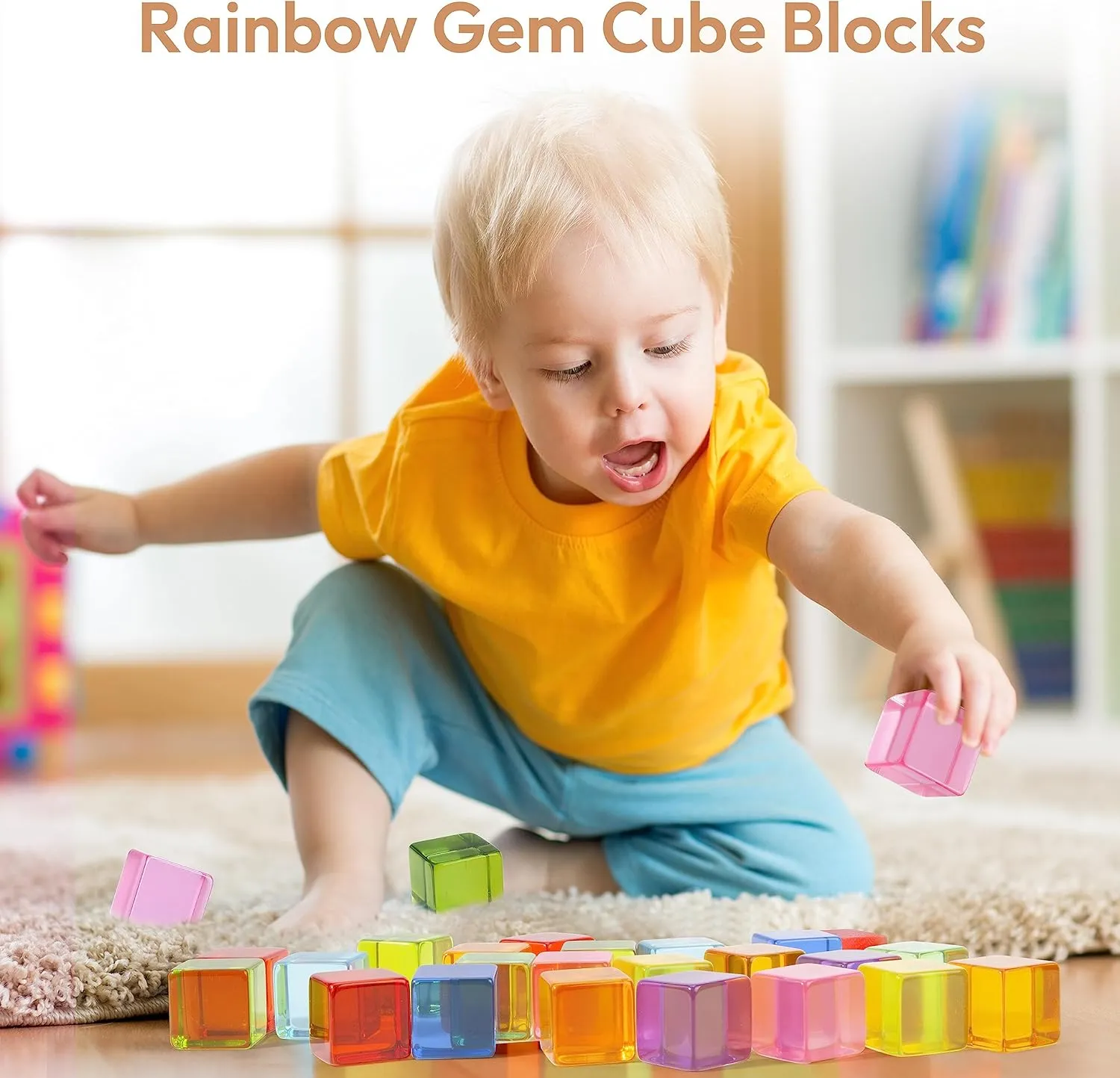 Wooden Building Blocks Set for Kids, 36 PCS Rainbow Acrylic Gem Cubes Blocks - 3 Wood House, Montessori Stacking Toy for Toddlers, Educational STEM Easter Toys for Boys Girls 3-6
