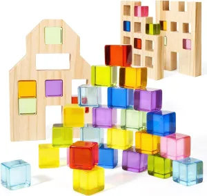 Wooden Building Blocks Set for Kids, 36 PCS Rainbow Acrylic Gem Cubes Blocks - 3 Wood House, Montessori Stacking Toy for Toddlers, Educational STEM Easter Toys for Boys Girls 3-6
