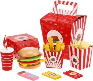 Wooden Fast Food Burger Fries Deluxe Dinner Set, Kitchen Pretend Play Accessories Toy, Realistic Burger Fries Pretend Play Food Set Toy House Props Educational